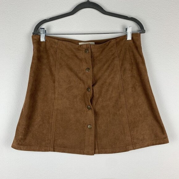 Sans Souci Women's L Faux Suede Camel Tan Button Front A Line Skirt Artsy - Picture 1 of 3